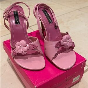 Dancing Heart Pink Floral Accent Women's Ankle Strap Heels